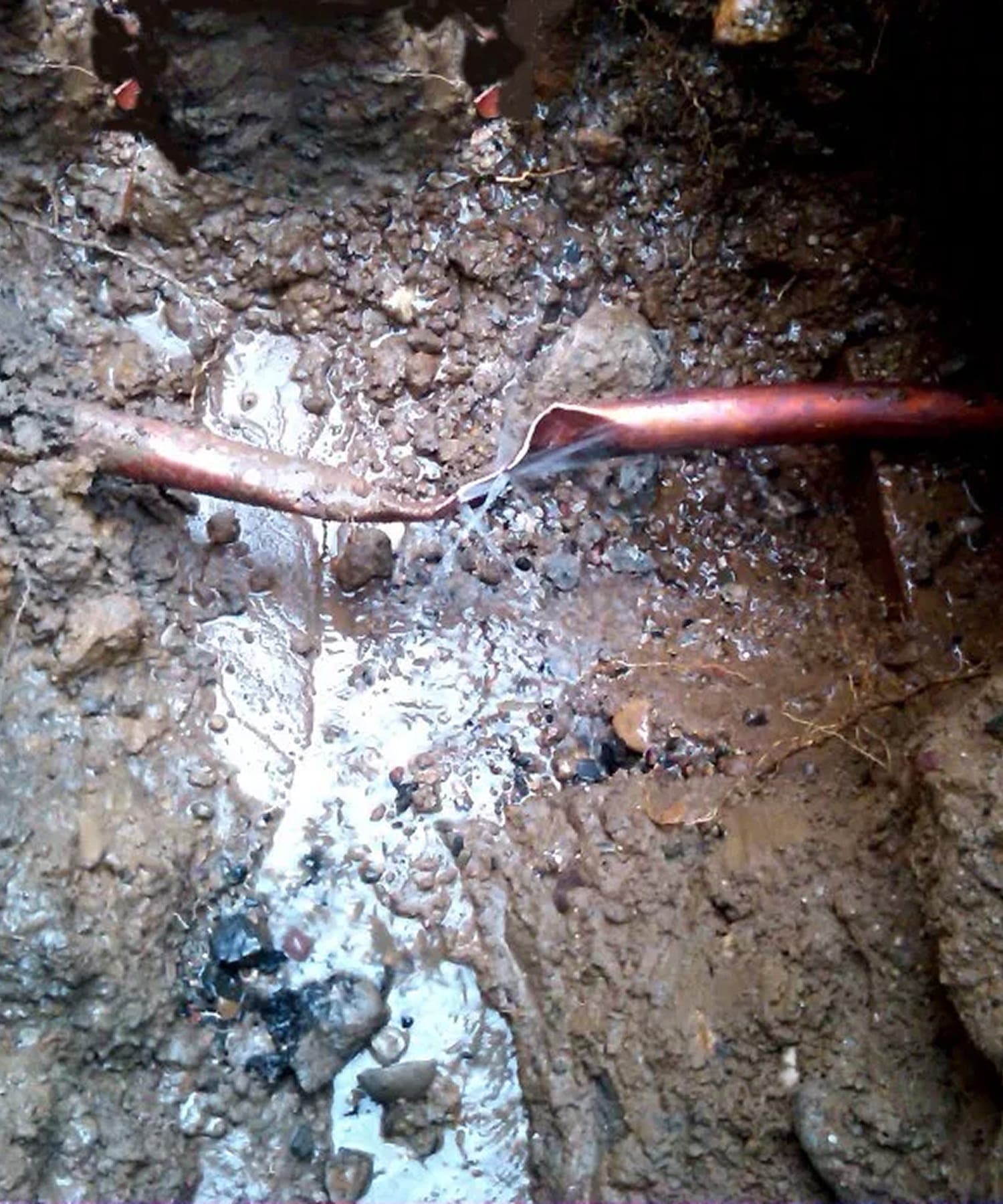 Buried supply line leaking in soil during a hidden leak investigation.
