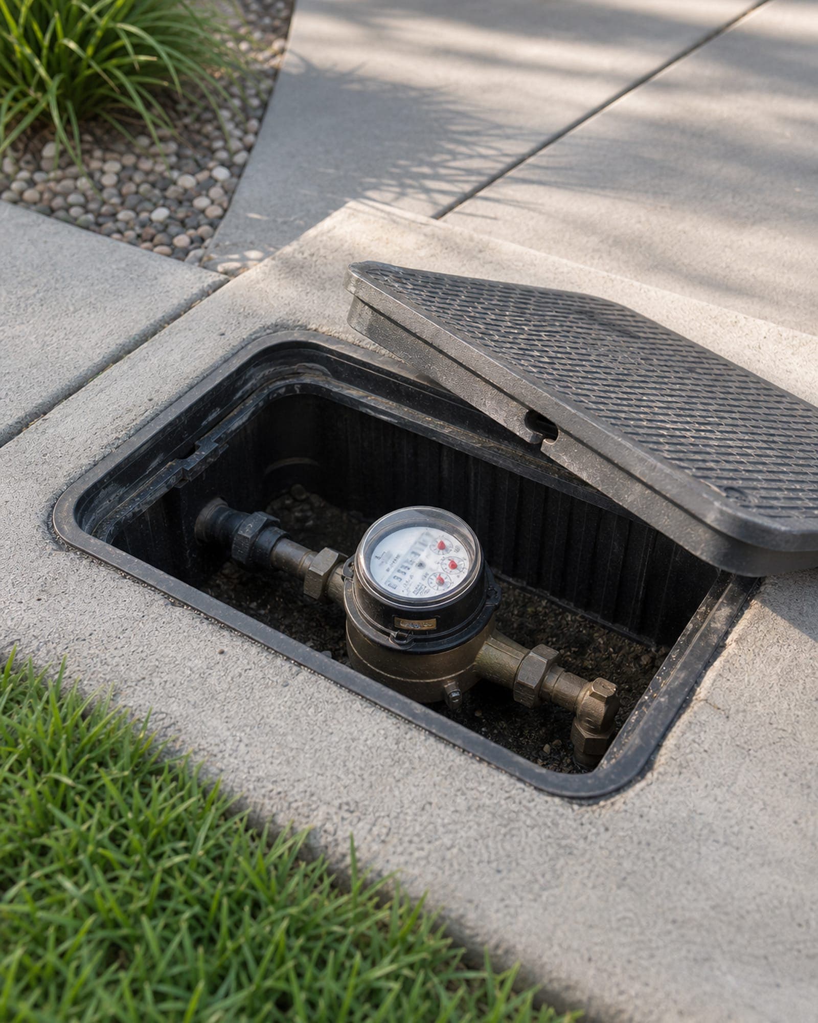 Residential water meter inside an open in-ground box beside a sidewalk.