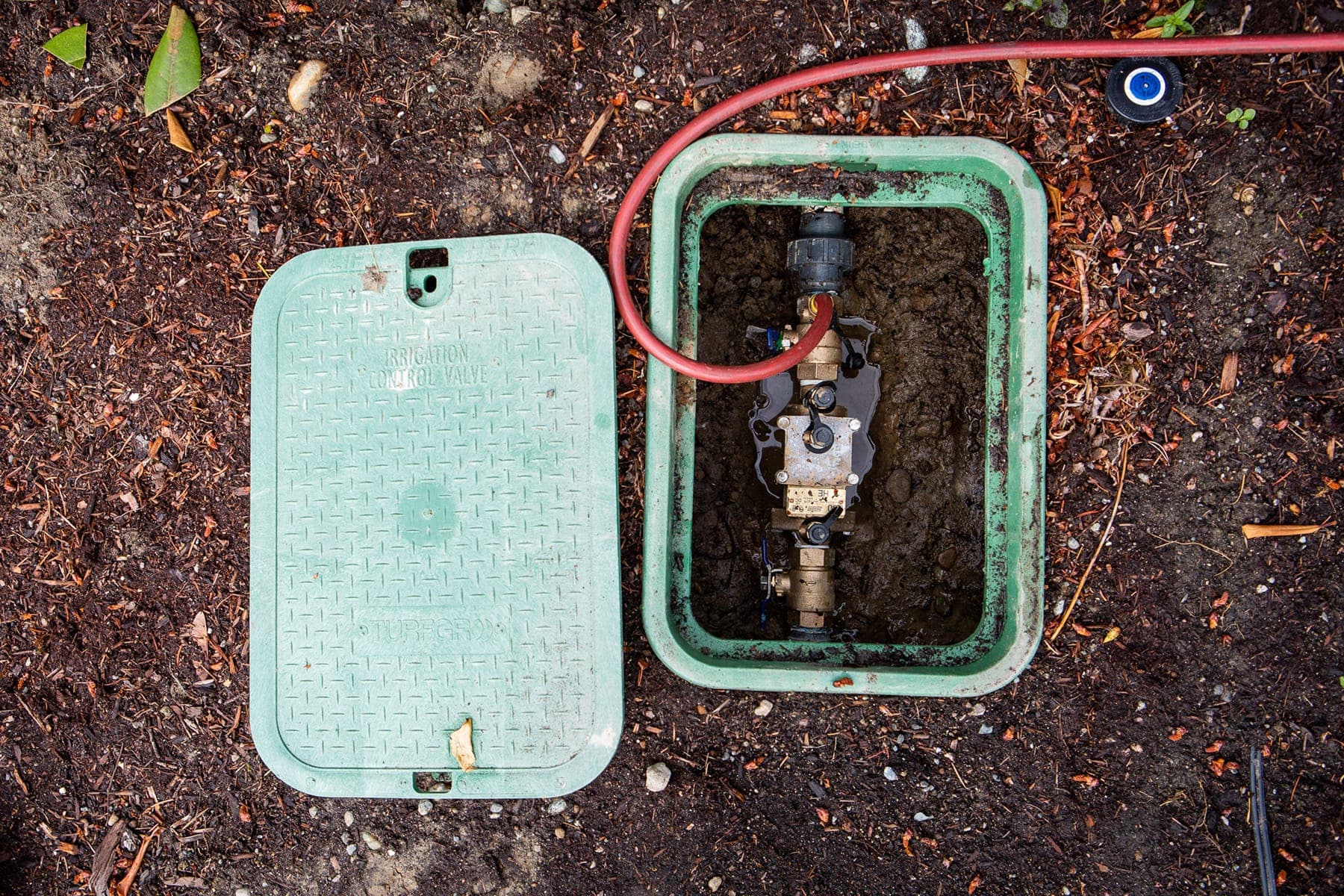Open water meter box with a visible service line.