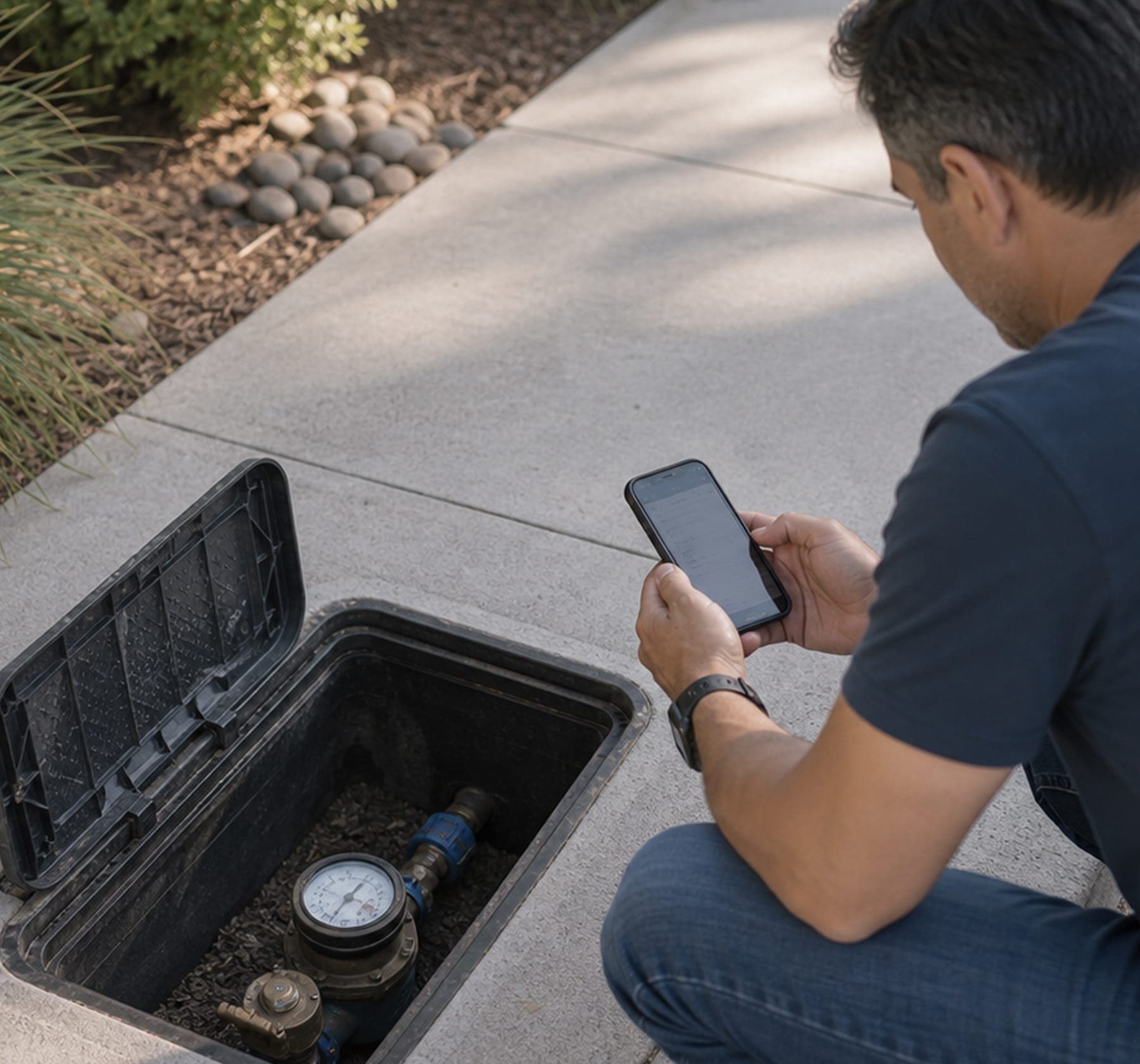 Technician crouched at an open water-meter box, recording the reading on a phone.