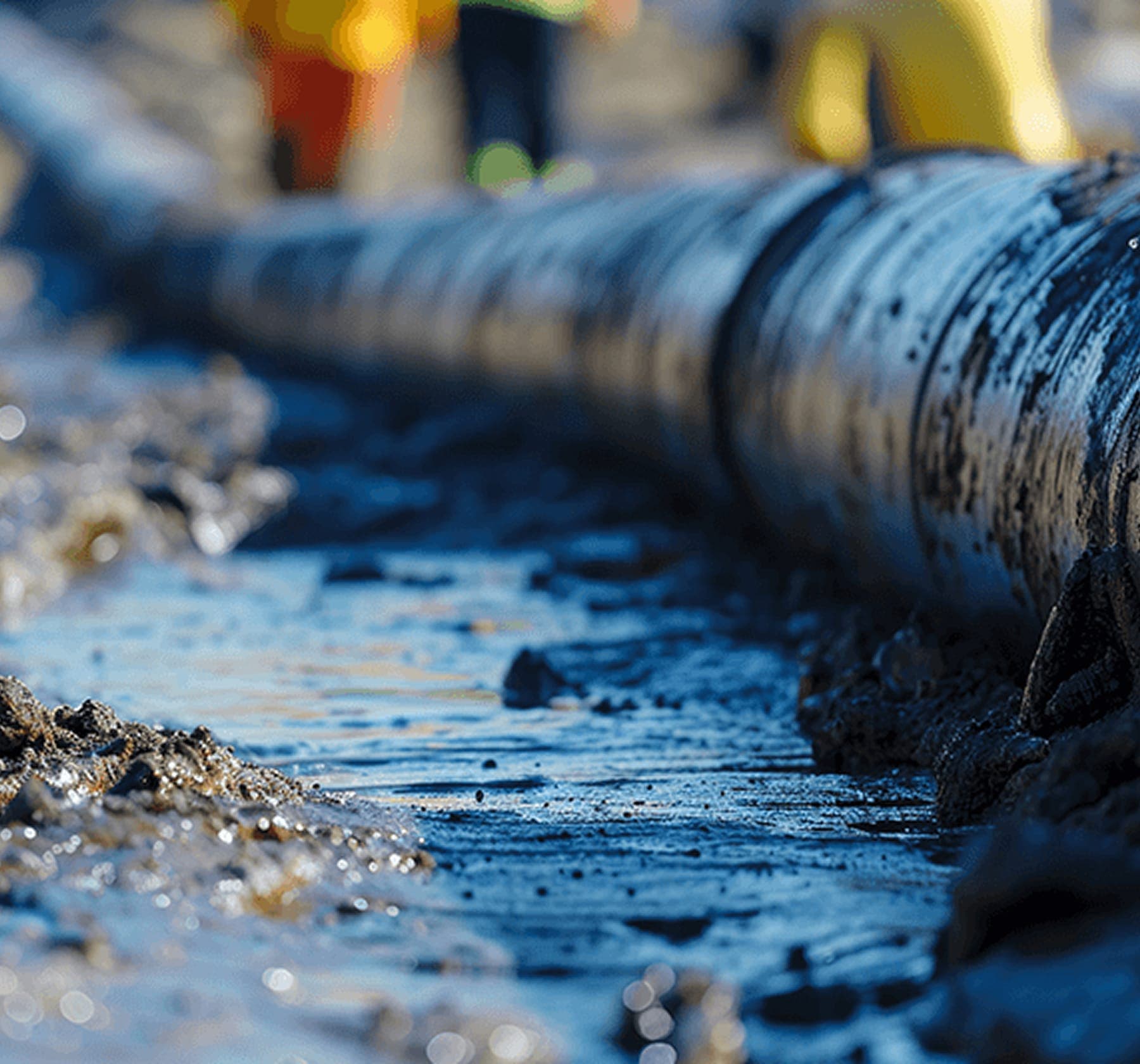 Black sewer line exposed during repair work.